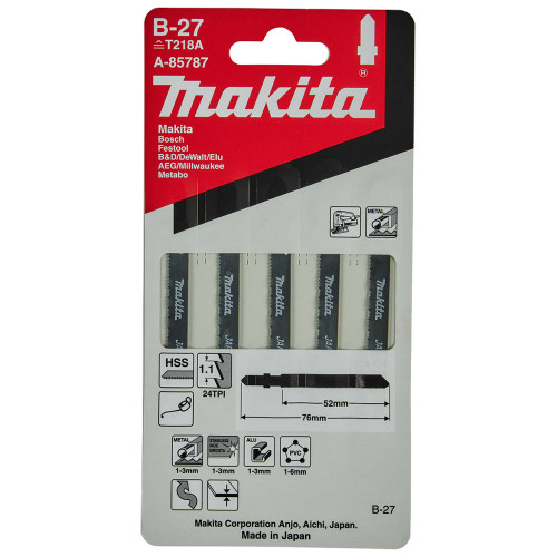 Пильные полотна Makita для лобзика HCS: сталь, нержавеющая сталь, цветные металлы, алюминий, пластик, универсальная резка B-27 (T218A)