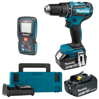 Аккумуляторная ударная дрель-шуруповерт Makita DHP485RFJ + лазерный дальномер (80 м, LD080P)